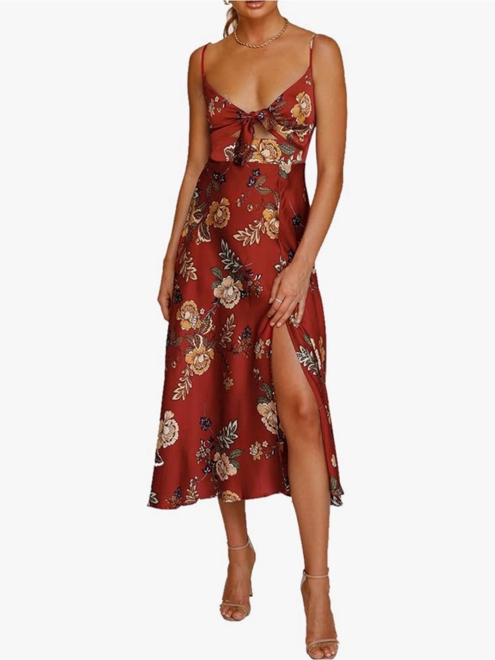 Floral Tie-Front Rust Midi Dress